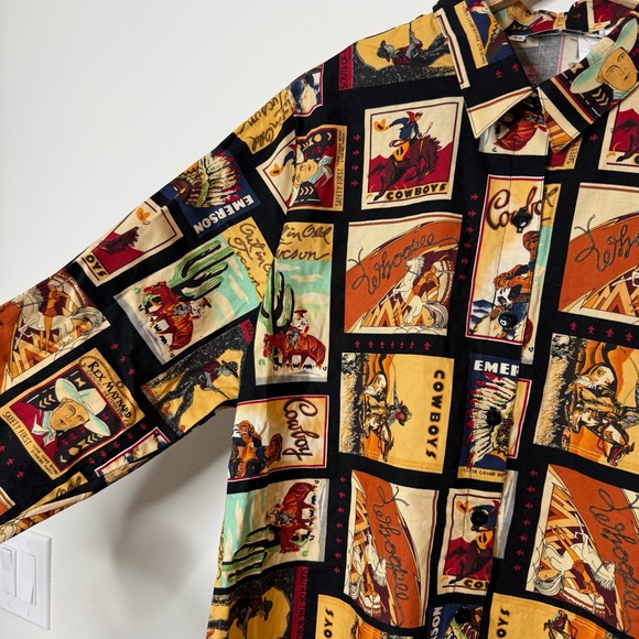 Vintage Made in USA 100% Cotton Cowboy Western Button Down post card print XL - Picture 5 of 7